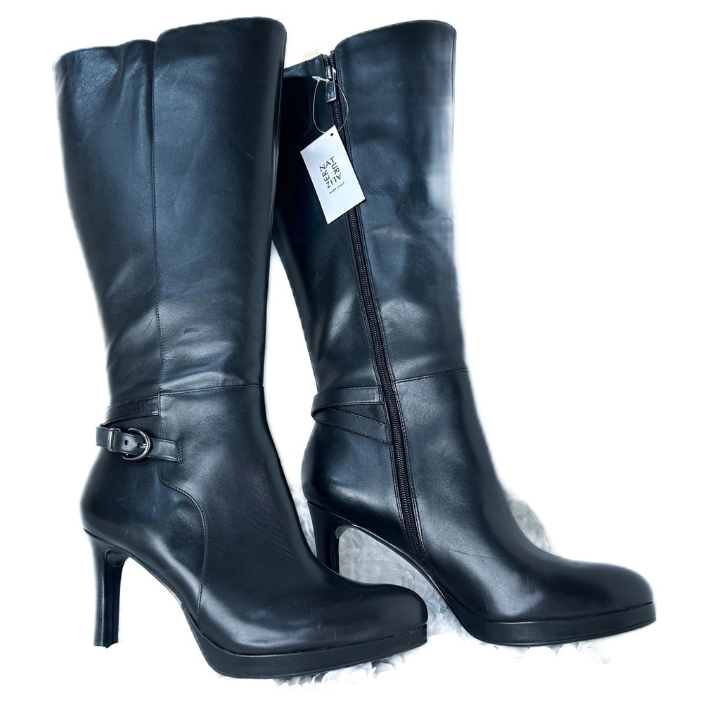 Naturalizer TAI Wide Calf Black Leather Over Calf Heeled Boots 9M NWT